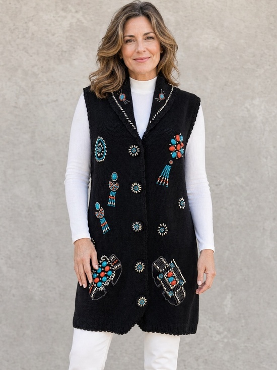 Victoria Jones Jackets & Blazers - Victoria Jones Beaded Southwestern Sweater Vest Tunic Black Medium Boho Western
